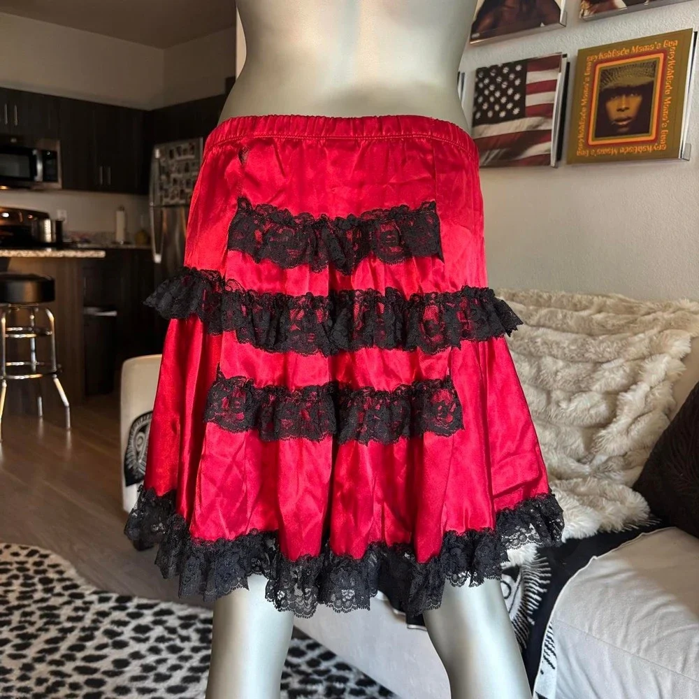 Y2K Red Satin Lace Ruffle Mini Skirt Bow Coquette🎋
